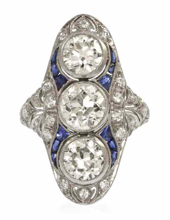 Appraisal: An Art Deco Platinum Diamond and Sapphire Ring containing one