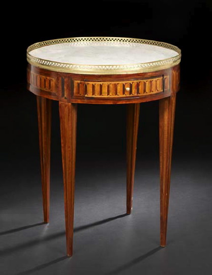 Appraisal: Louis XVI-Style Gilt-Brass-Mounted Mahogany Exotic Woods and Marble-Top Bouillotte Table