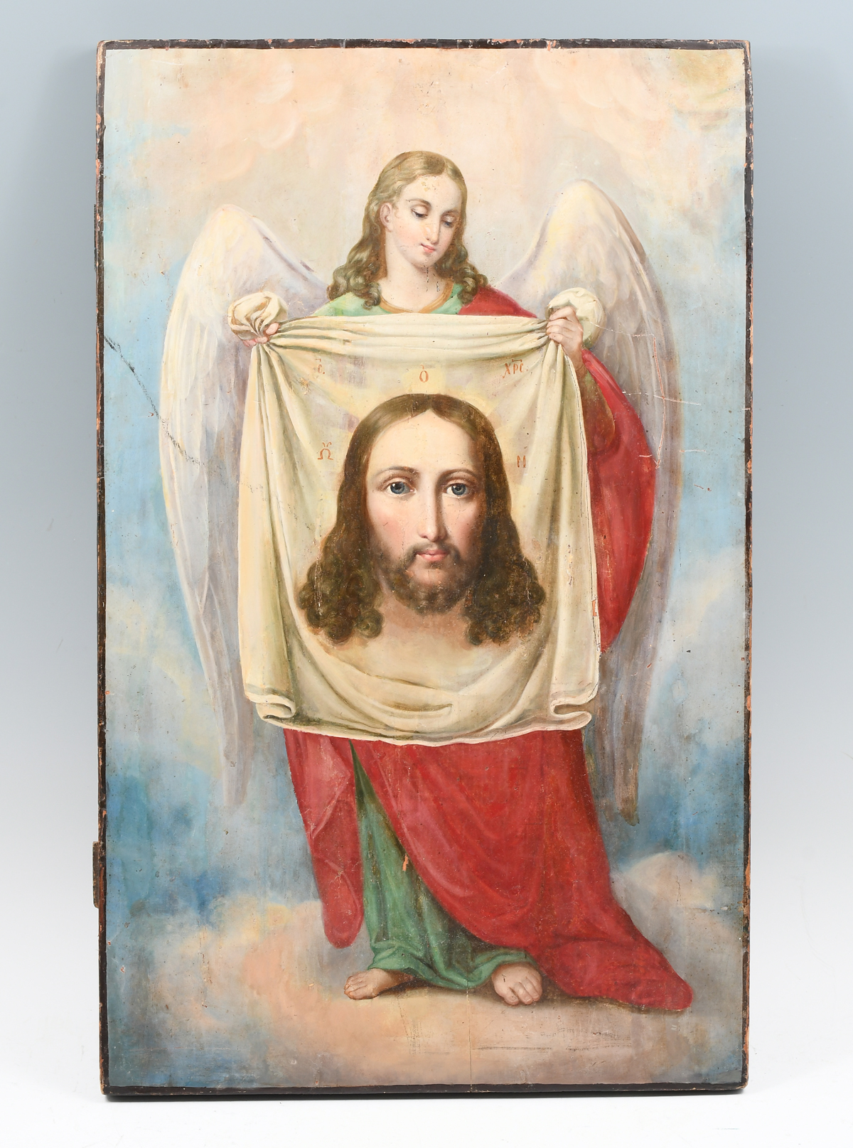 Appraisal: GOOD PAINTED ICON OF CHRIST TAPESTRY WITH ARCHANGEL Oil Cradled