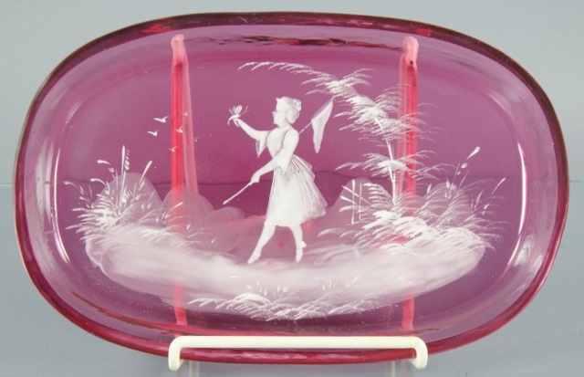 Appraisal: Mary Gregory Cranberry Dresser TrayDecorated in enamel with woman carrying