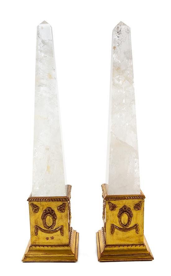 Appraisal: A Pair of Giltwood and Rock Crystal Obelisks Height overall