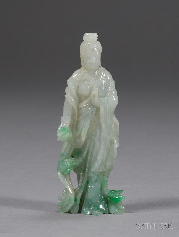 Appraisal: Jade Carving ice green stone with brilliant green markings figure