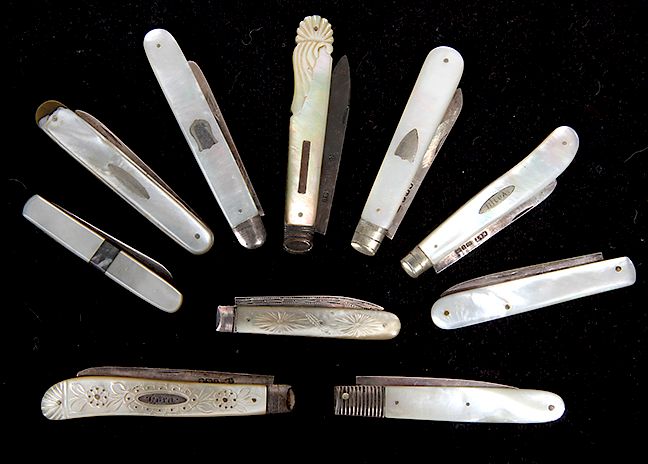 Appraisal: PEARL KNIFE COLLECTION TEN PEARL FRUIT KNIVES THREE HAVE FANCY