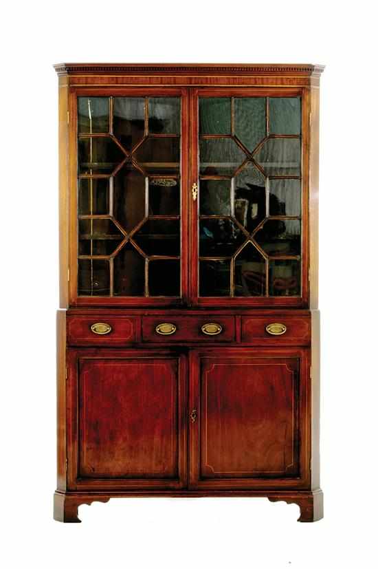 Appraisal: George III style inlaid mahogany corner cupboard circa top section