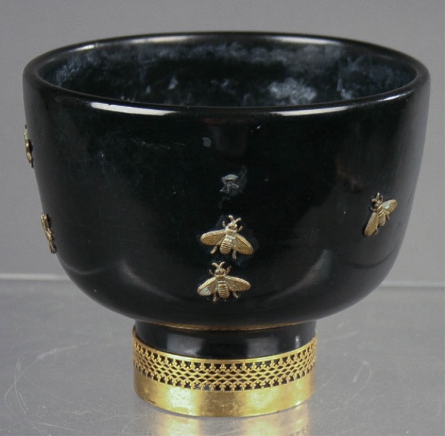 Appraisal: Ca Italian Black Ceramic Bowl Applied brass bees on body