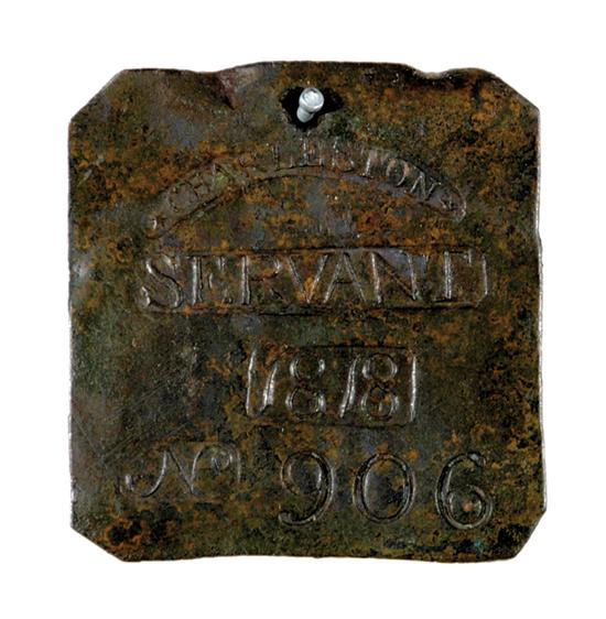 Appraisal: Charleston slave badge or tag South Carolina circa rectangular copper