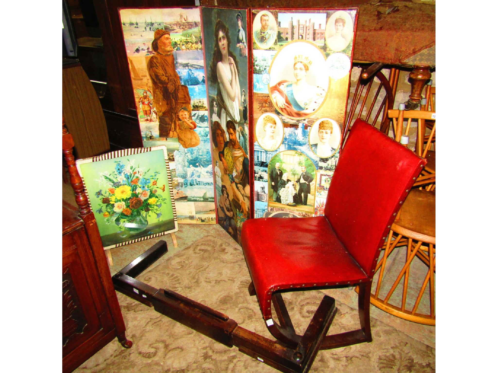 Appraisal: An Art Deco oak occasional chair with red rexine finish