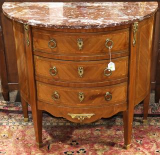 Appraisal: Louis XVI style demilune inlaid commode Louis XVI style demilune