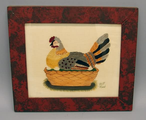 Appraisal: Hen in basket oil on velvet x sight red and