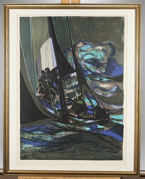 Appraisal: Lithograph by Marcel Mouly slightly abstract figures in a sailboat