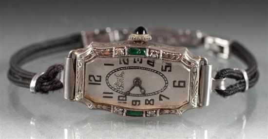 Appraisal: Paul Vallette Art Deco unmarked white gold diamond and emerald