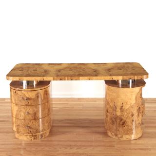 Appraisal: Designer chrome and burl wood pedestal desk Designer chrome and