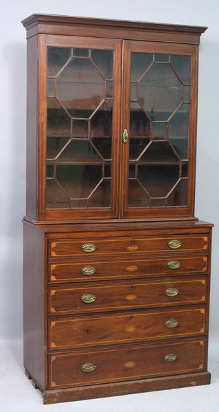 Appraisal: Federal-style inlaid mahogany two door bookcase desk h x w