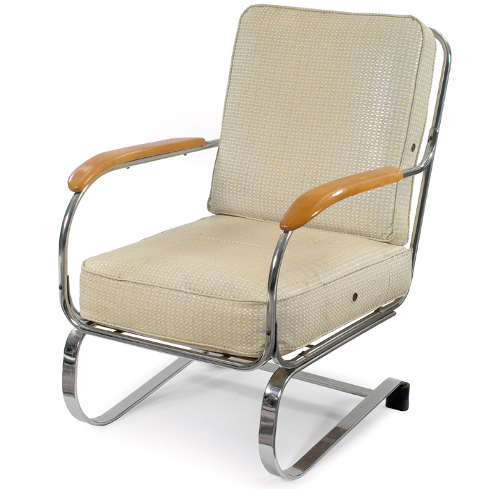 Appraisal: s spring chair chromed metal frame with wood armrests removable