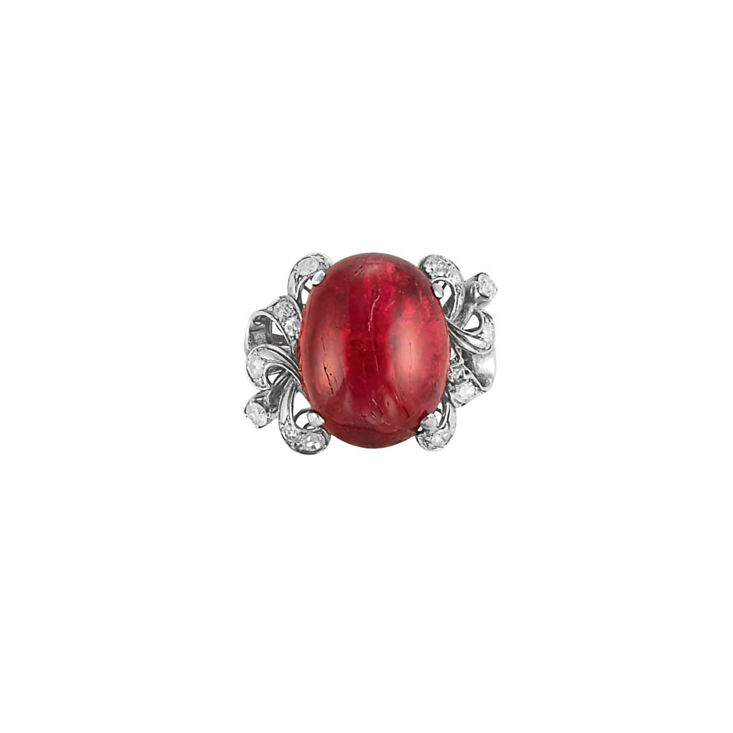 Appraisal: Silver Cabochon Red Spinel and Diamond Ring One oval cabochon