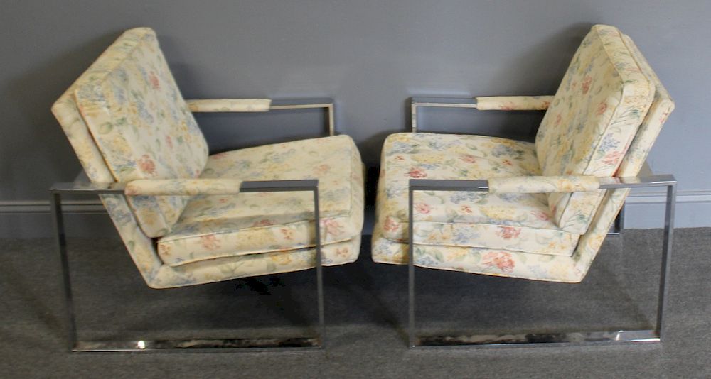 Appraisal: MIDCENTURY Pair Of Chrome Upholstered Lounge Chairs Good quality and