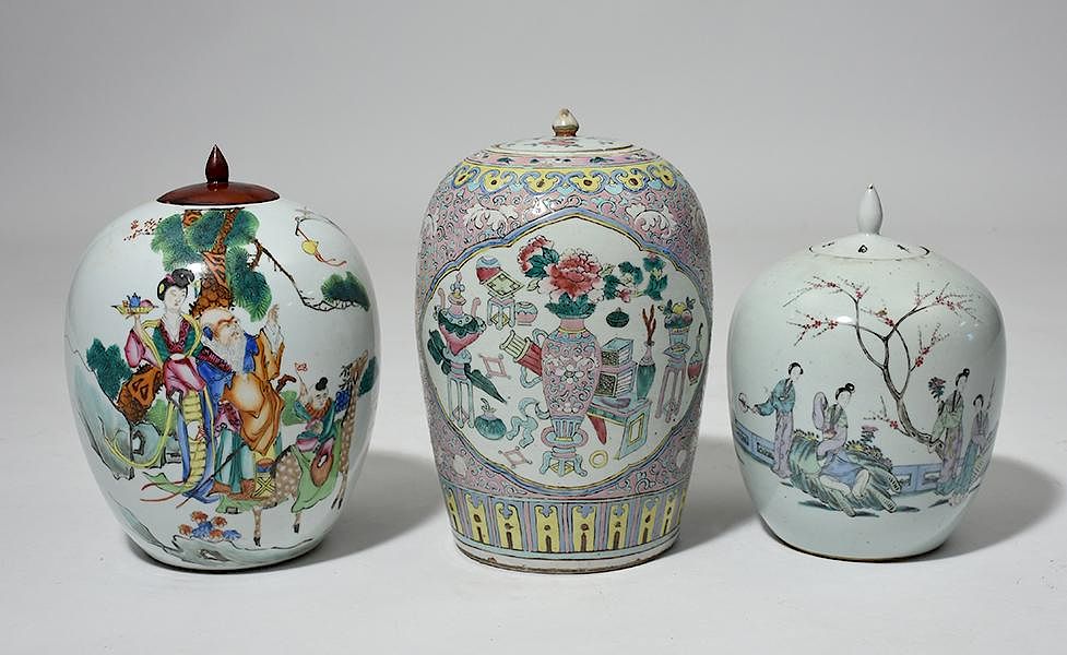 Appraisal: Group of three th C Chinese porcelain covered jars Group