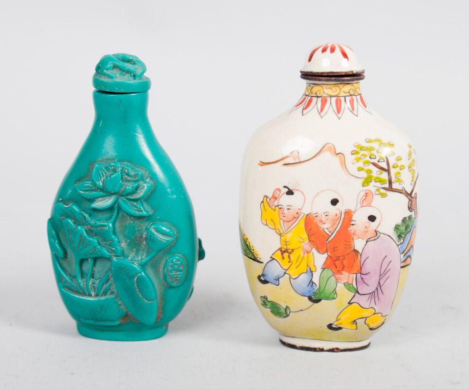 Appraisal: Two Chinese snuff bottles enamel on copper and carved stone