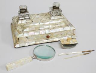 Appraisal: Victorian English Mother Having two inkwells and a pen tray