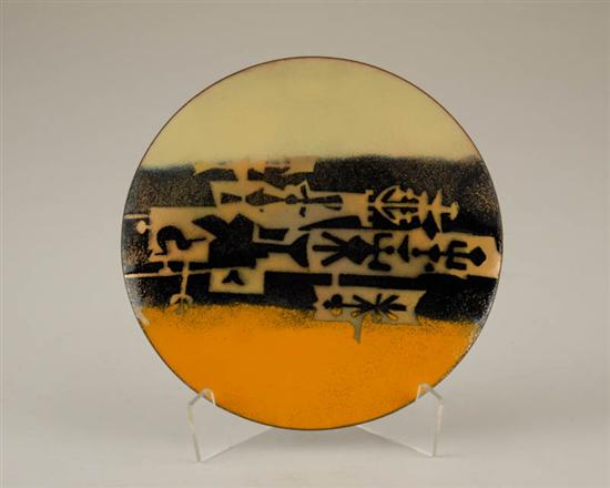 Appraisal: Large Orange Enamel Bowl with Geometric Figures solid blue underside