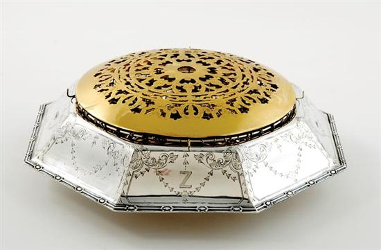 Appraisal: International silver centerpice circa reticulated brass domed cover concealing flower