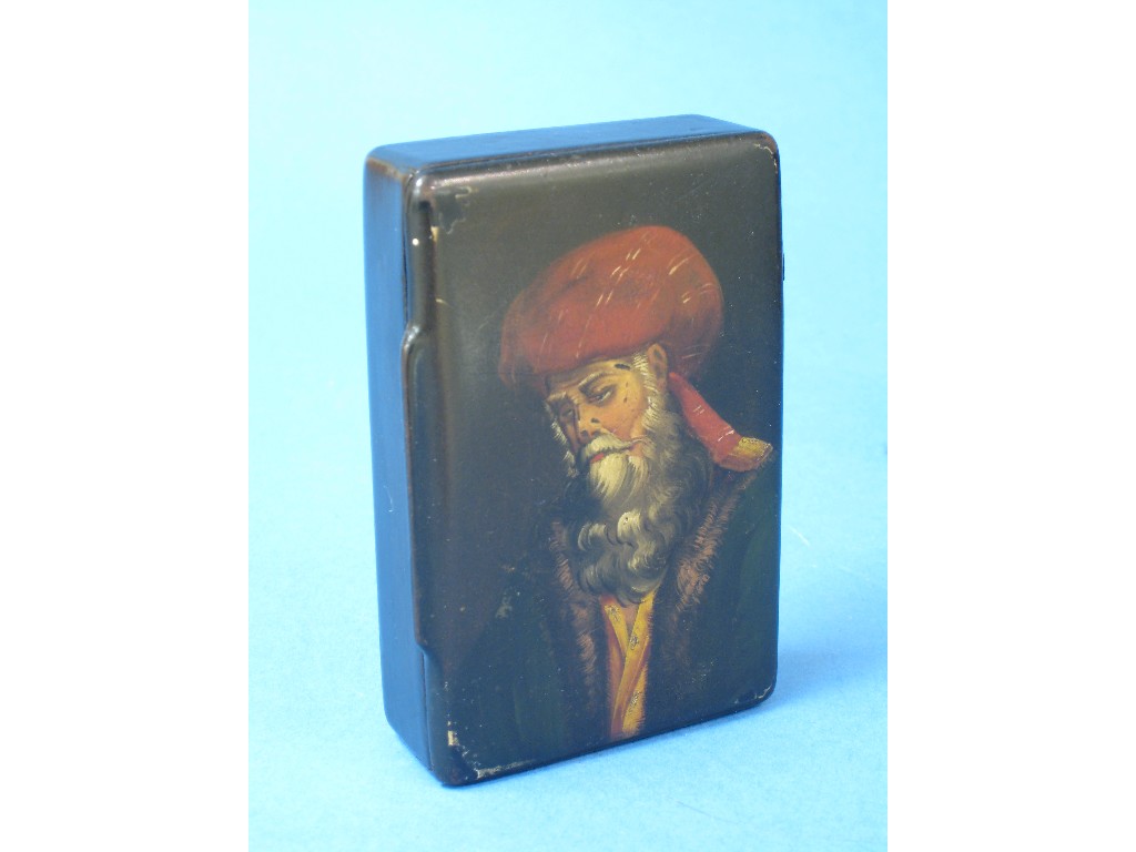 Appraisal: A papier mache rectangular Snuff Box painted bearded figure wearing