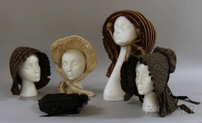 Appraisal: Five Assorted th Century Bonnets including a brown silk quilted