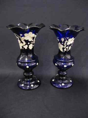 Appraisal: Pair of Victorian Enameled Art Glass Vases cobalt blue with