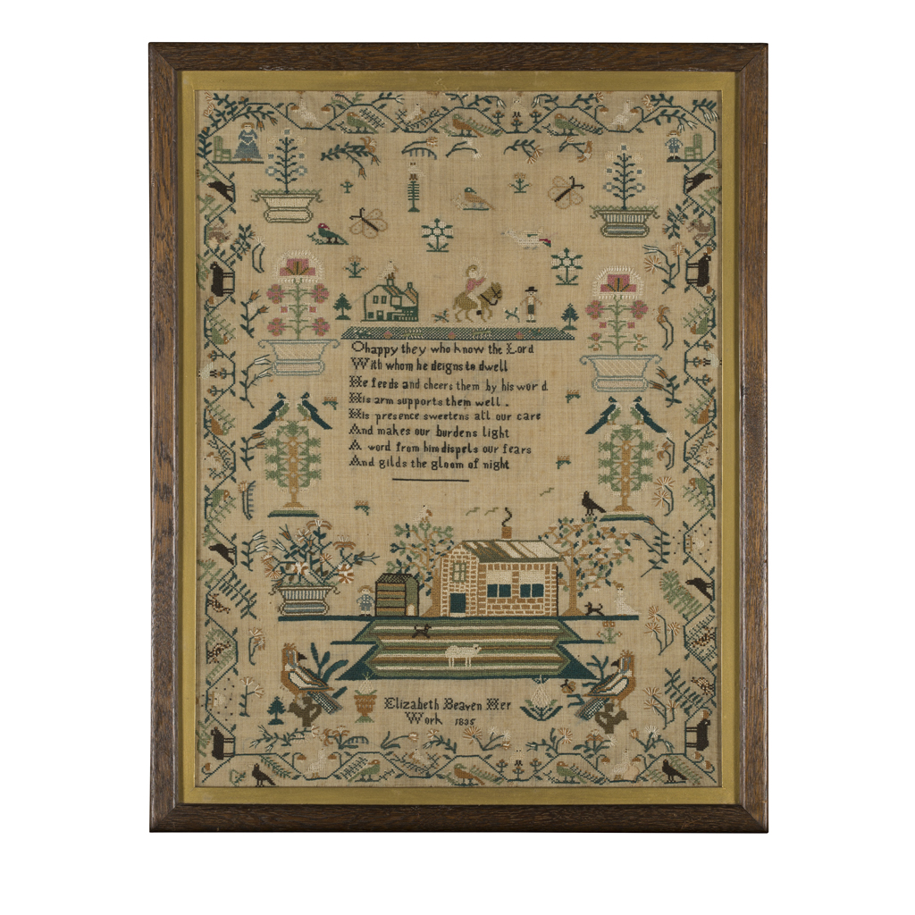 Appraisal: FRAMED NEEDLEWORK SAMPLER BY ELIZABETH BEAVEN of rectangular form worked