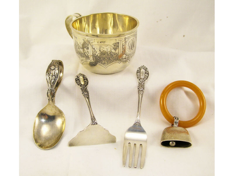 Appraisal: Child's Sterling Lot Includes Sterling baby cup with paneled animal