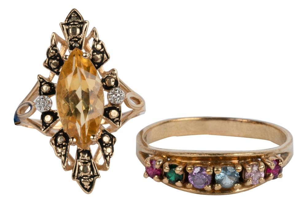 Appraisal: TWO YELLOW GOLD SYNTHETIC MULTI-GEM RINGSthe karat yellow gold ring