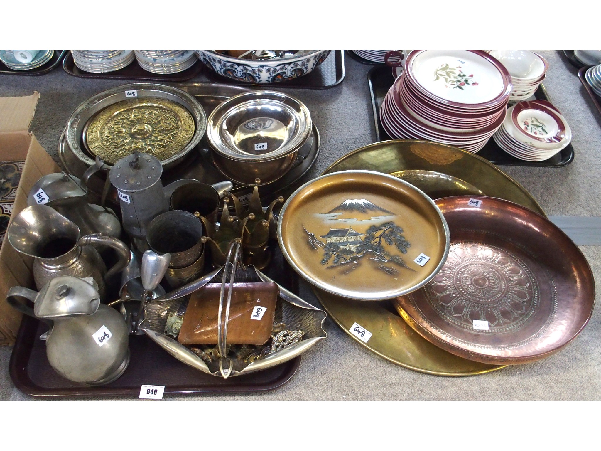 Appraisal: Assorted metal items including platters jugs cups door knockers etc