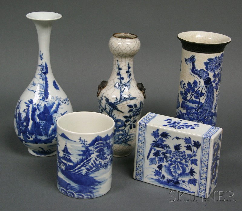 Appraisal: Five Underglaze Blue Decorated Porcelain Items three vases a brush