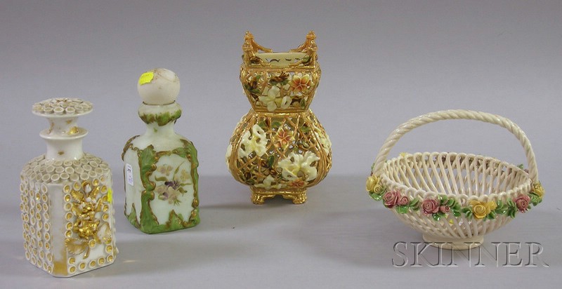 Appraisal: Four Glass and Ceramic Decorative Items an Italian reticulated ceramic