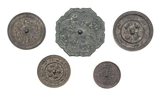 Appraisal: Five Bronze Mirrors Diameter inches Five Bronze Mirrors comprising a