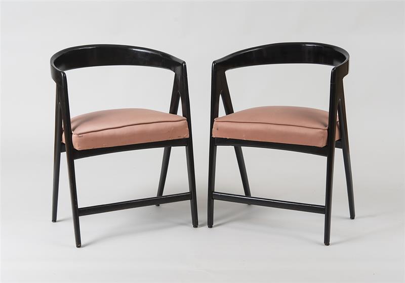 Appraisal: PAIR OF ITALIAN EBONIZED WOOD AND UPHOLSTERED ARMCHAIRS x x