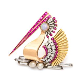 Appraisal: A Retro Tricolor Gold Diamond Opal Ruby and Cultured Pearl