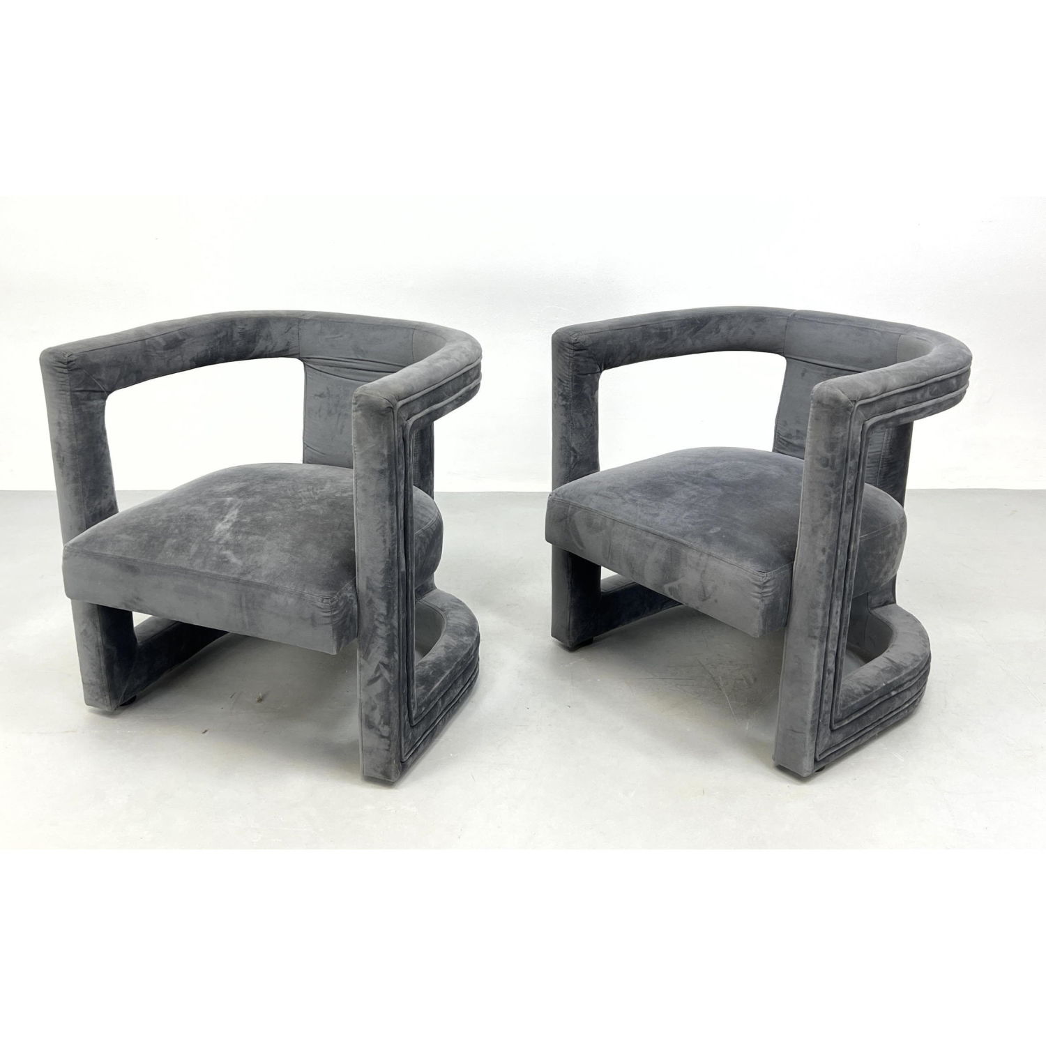 Appraisal: Pair vintage slate Gray open arm lounge chairs Plush upholstery