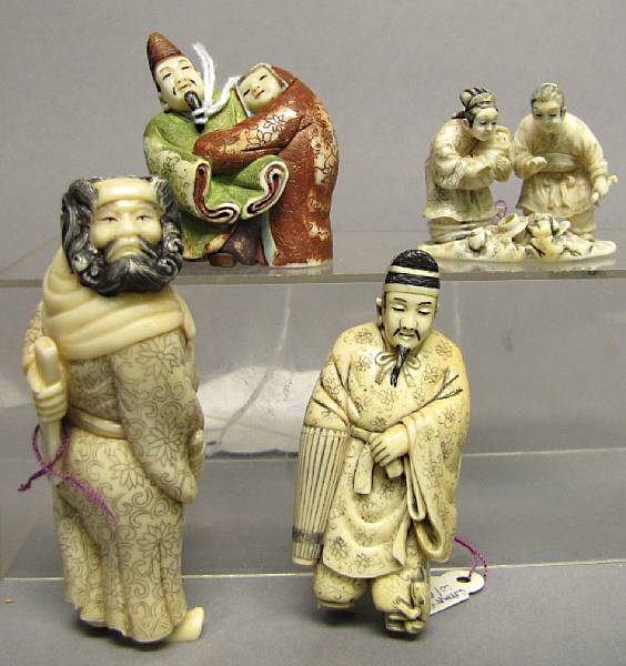 Appraisal: A group of four ivory figural studies Including Shoki standing