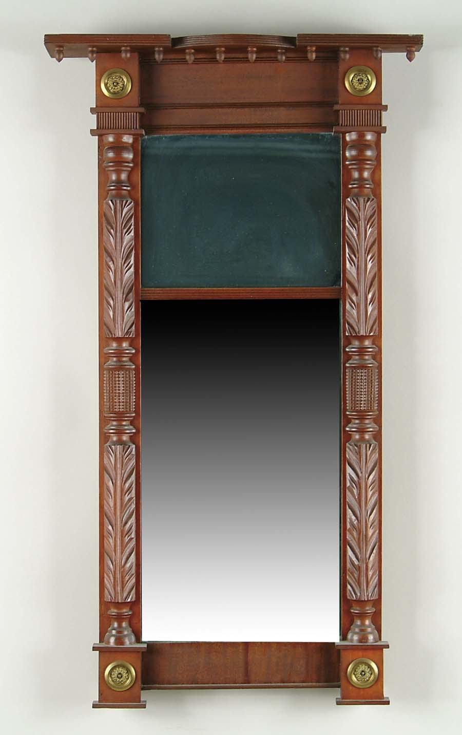 Appraisal: GOOD MAHOGANY CARVED SHERATON TWO PART MIRROR Carved half side