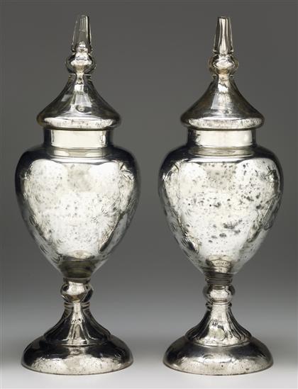 Appraisal: Pair of mercury glass urns Each of baluster form cut