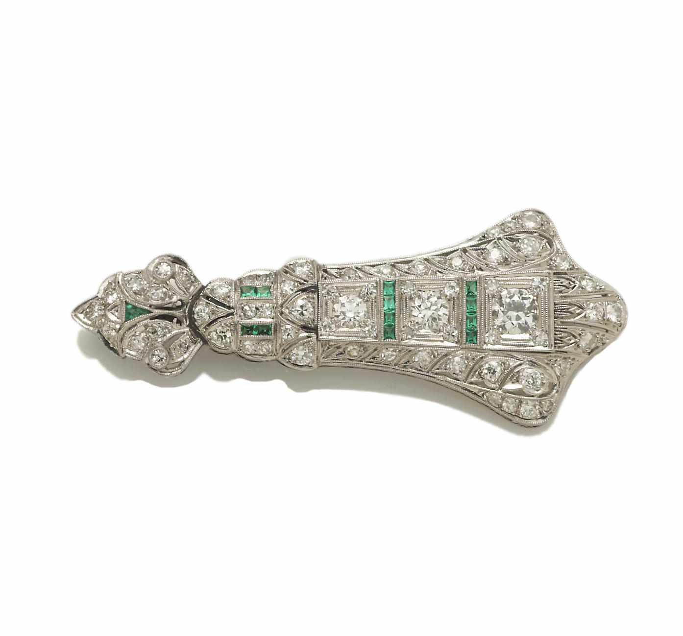 Appraisal: An art deco diamond and synthetic emerald brooch pendant estimated