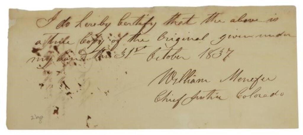 Appraisal: Autographed paper fragment by William Christian Menefee Tennessee Texas -