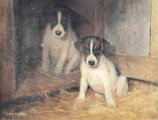 Appraisal: Sam Fulton - oil on canvas Puppies in a kennel