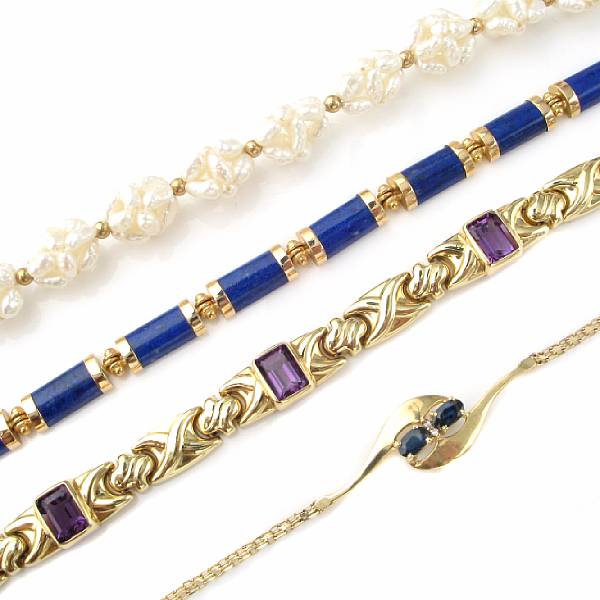 Appraisal: A collection of gemstone and gold bracelets twelve flexible link