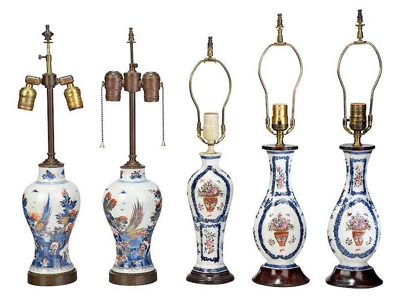 Appraisal: Five Chinese Porcelain Vases Mounted as Lamps th th century