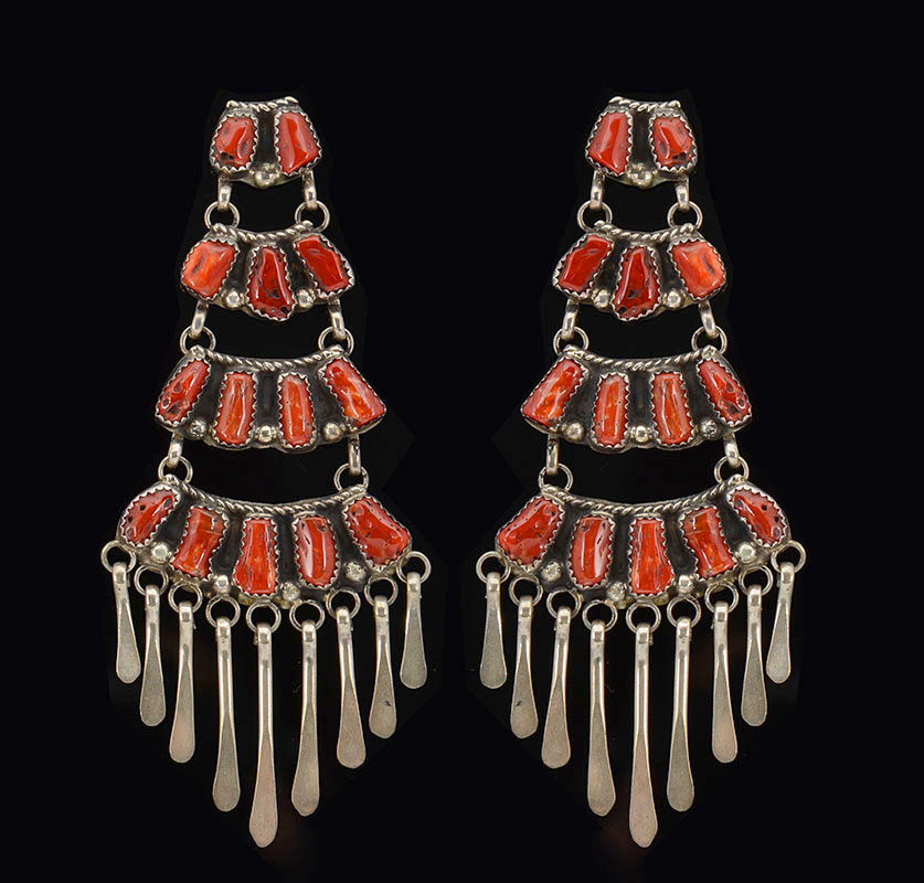 Appraisal: NATURAL RED CORAL STERLING CHANDELIER EARRINGS Beautifully designed statement earrings