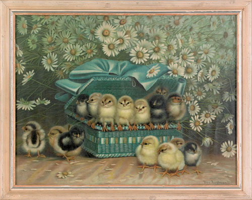 Appraisal: Ben Austrian American - chromolithograph of fifteen chicks playing in