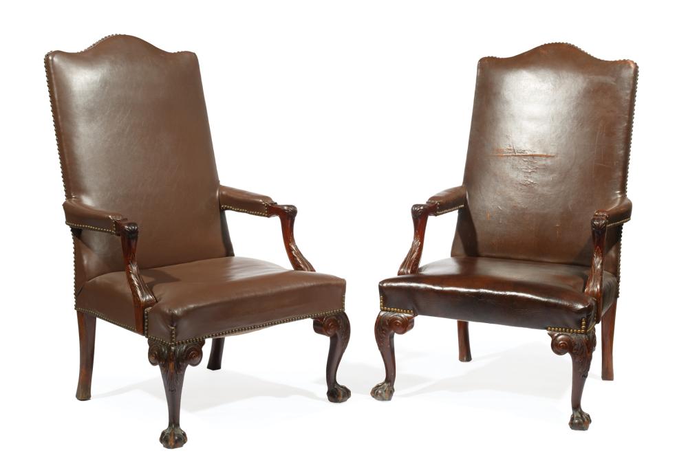 Appraisal: Pair of George III-Style Mahogany and Leather Library Chairs th