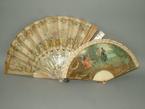 Appraisal: A painted bone fan depicting a courting couple with chaperone